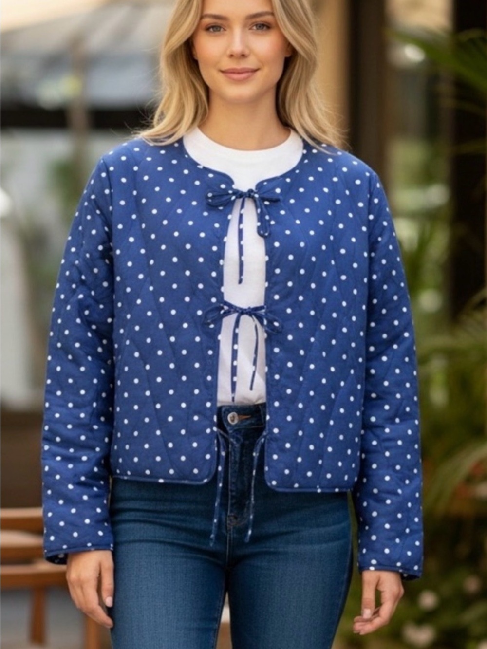 Avec Les Filles Blue and White Polka Dot Quilted Jacket XS